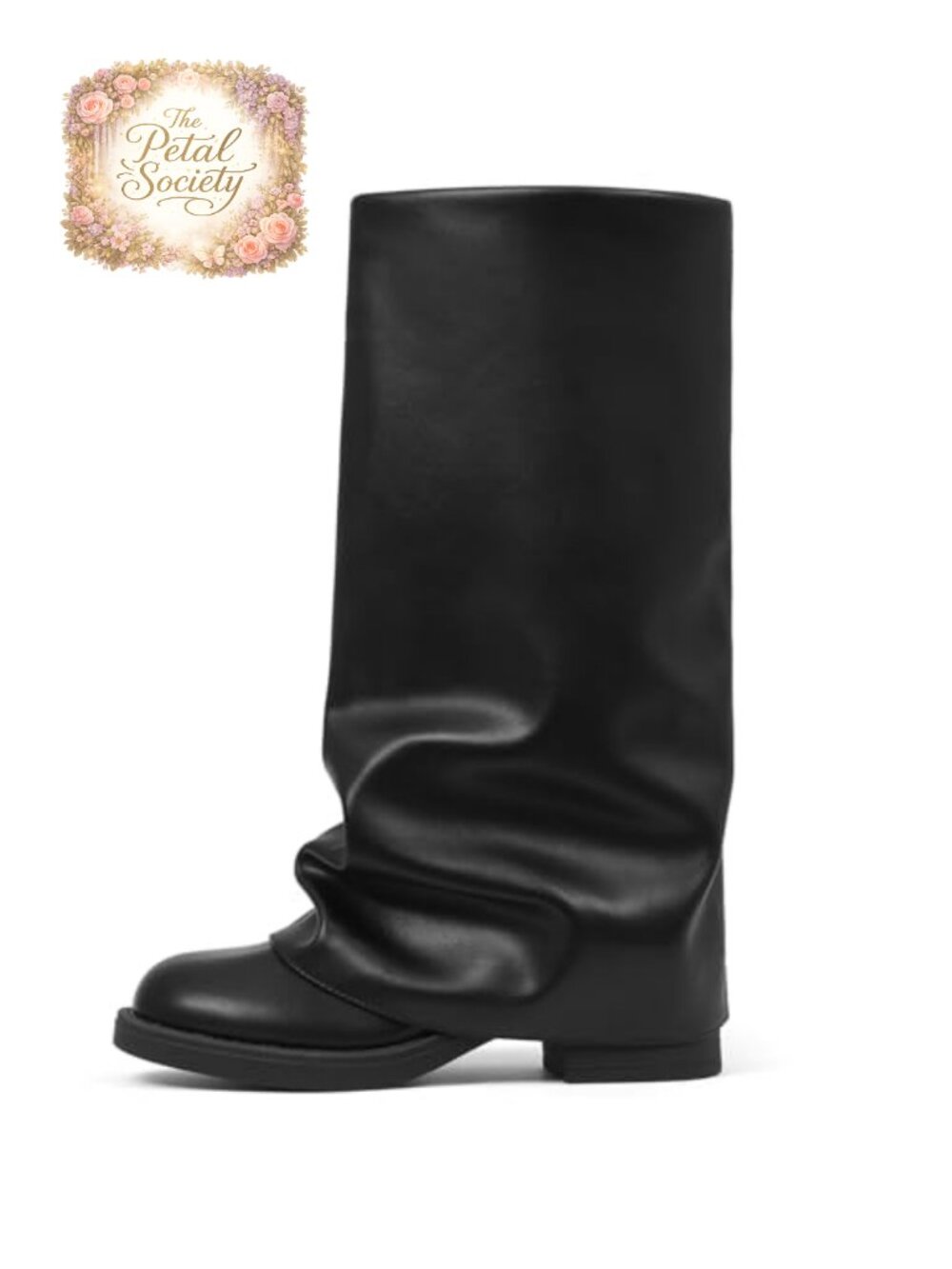 Vegan Leather Slouchy Knee-High Boots Fold Over Block Heel